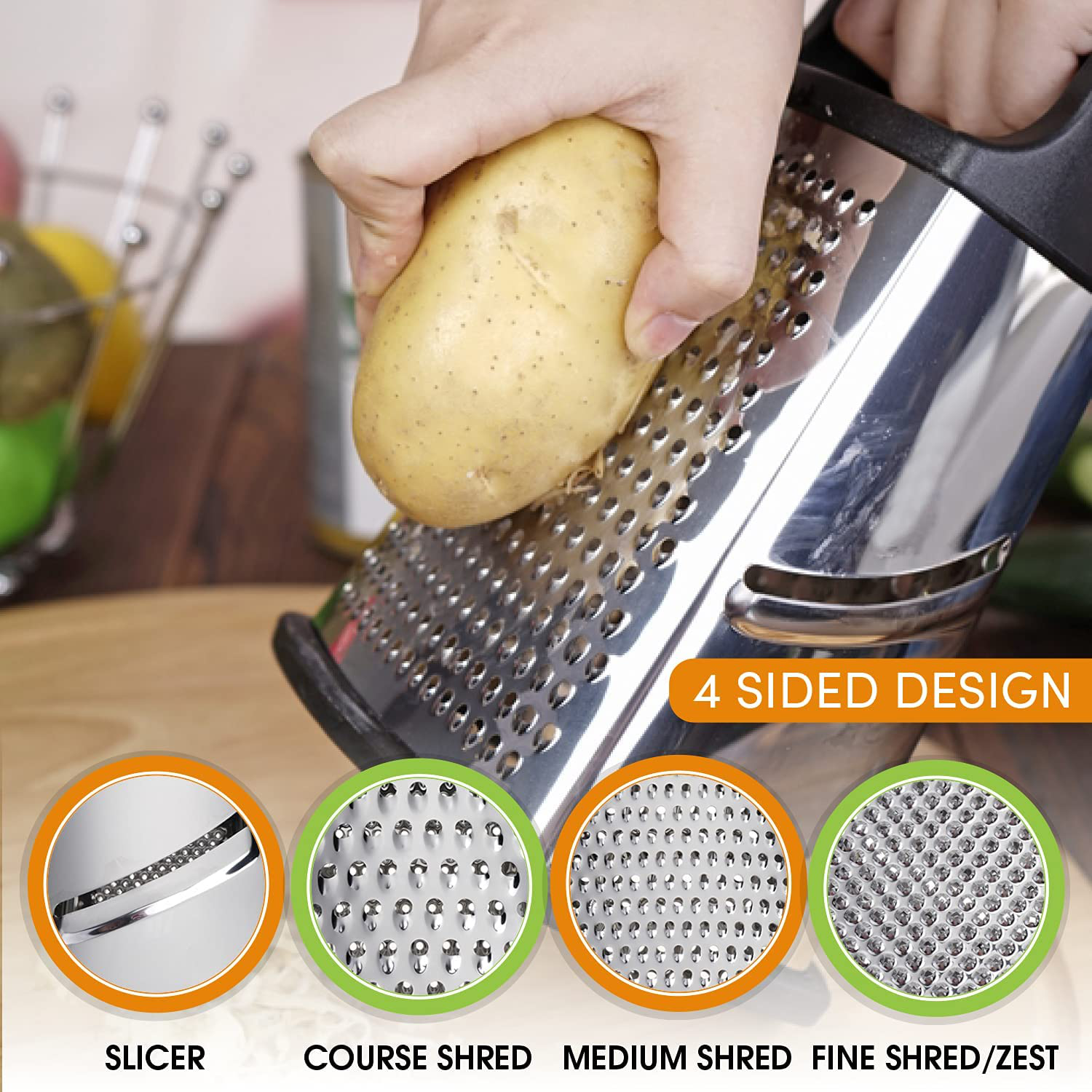 Spring Chef Professional Box Grater, Stainless Steel with 4 Sides, Best for Parmesan Cheese, Vegetables, Ginger, XL Size, Pink Lemonade