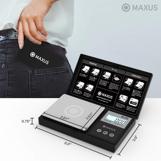 Precision Pocket Scale 200g x 0.01g, MAXUS Elite Digital Gram Scale Small Herb Scale Mini Food Scale Jewelry Scale Ounces/ Grains Scale, Easy to Carry, Great for Travel ,Backlit LCD, Stainless Steel