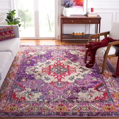 Safavieh Monaco Collection MNC243P Boho Chic Medallion Distressed Non-Shedding Living Room Bedroom Area Rug, 5' x 5' Square, Violet / Fuchsia