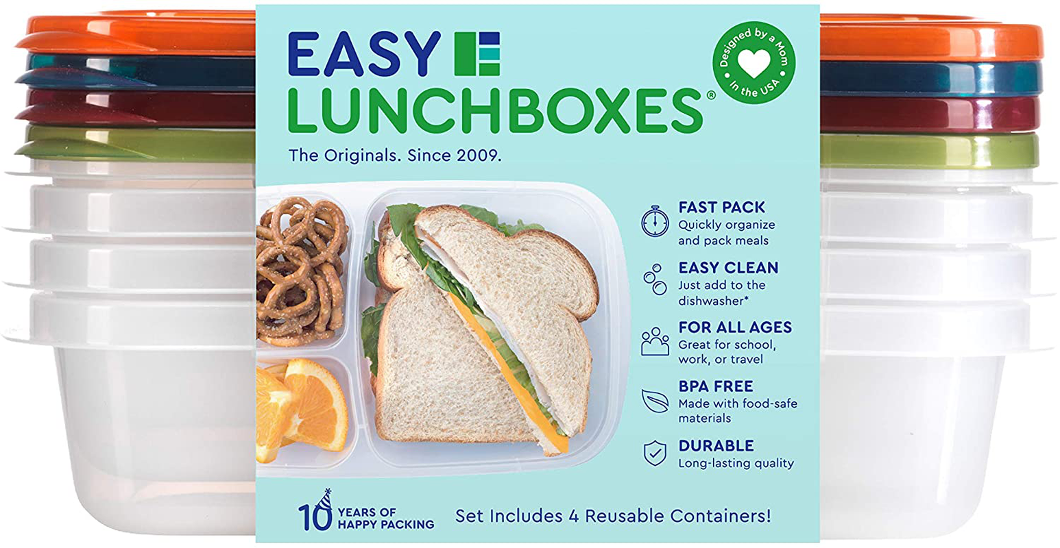 EasyLunchboxes - Bento Lunch Boxes - Reusable 3-Compartment Food Containers for School, Work, and Travel, Set of 4, Classic