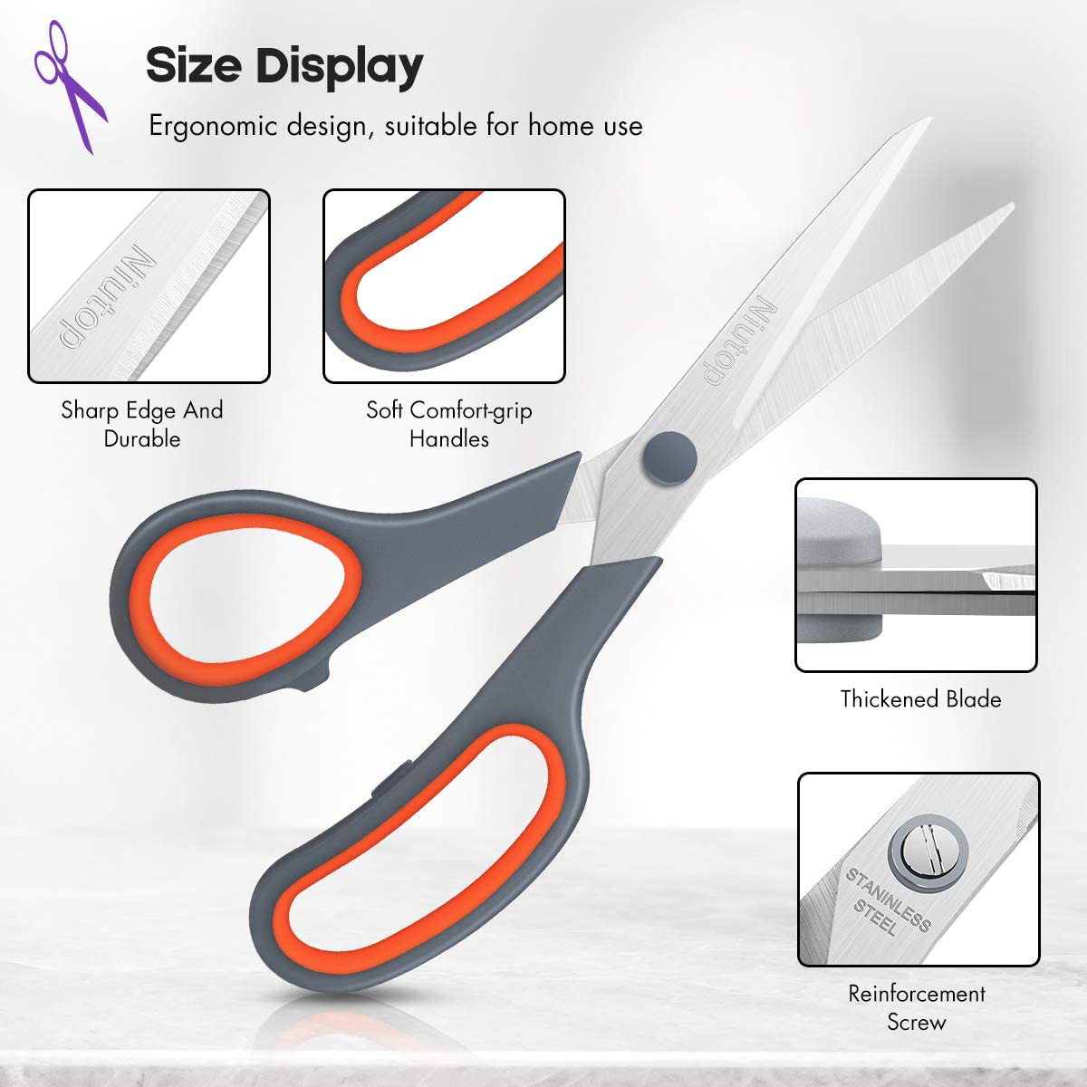 Scissors Bulk Set of 5-Pack, Niutop 8" Multipurpose Sharp Scissors for Office Home High/Middle School Student Teacher Scissor Supplies, Soft Comfort-Grip Right/Left Handles