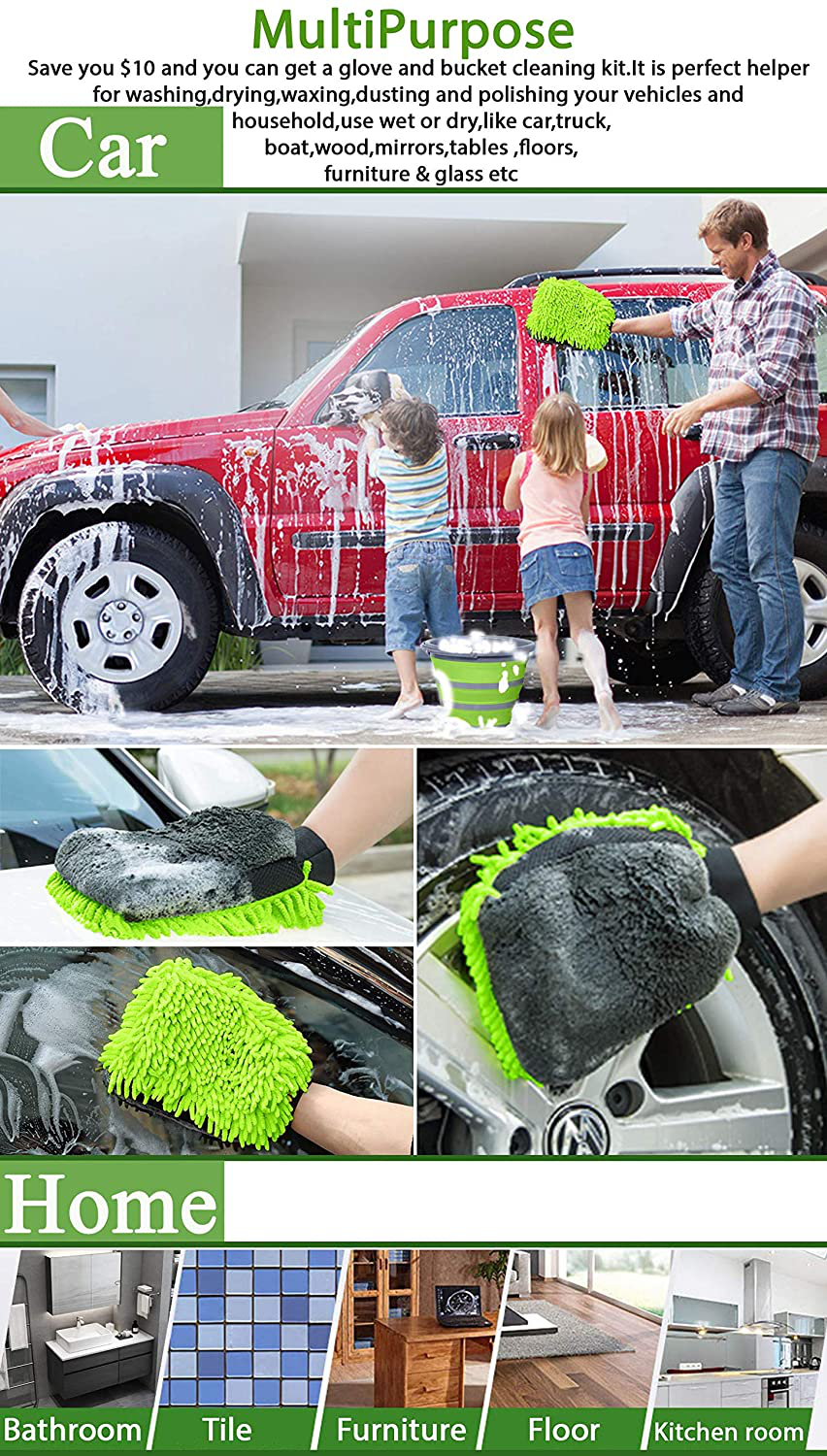 GreatCool Car Wash Collapsible Bucket with 3-in-1 Car Wash Mitt, Coral Velvet + Weave + Chenille Microfiber Glove Sponge, 10L (2.6 Gallon) Portable Folding Basin Pail for Car Household Cleaning
