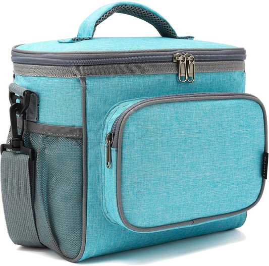 FlowFly Insulated Reusable Lunch Bag Adult Large Lunch Box for Women and Men with Adjustable Shoulder Strap Front Zipper Pocket and Dual Large Mesh Side Pockets, Sea#Blue
