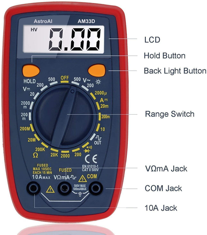 AstroAI Multimeter 2000 Counts Digital Multimeter with DC AC Voltmeter and Ohm Volt Amp Tester ; Measures Voltage, Current, Resistance; Tests Live Wire, Continuity