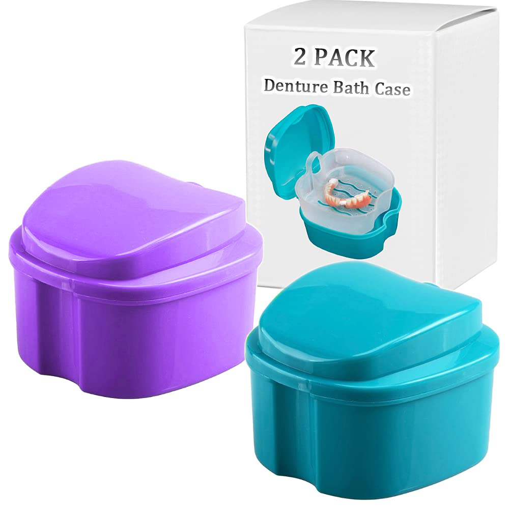 Denture Bath Box Cup, Complete Clean Care for Dentures, Clear Braces, Mouth Guard, Night Guard & Retainers,Traveling (Blue & White)