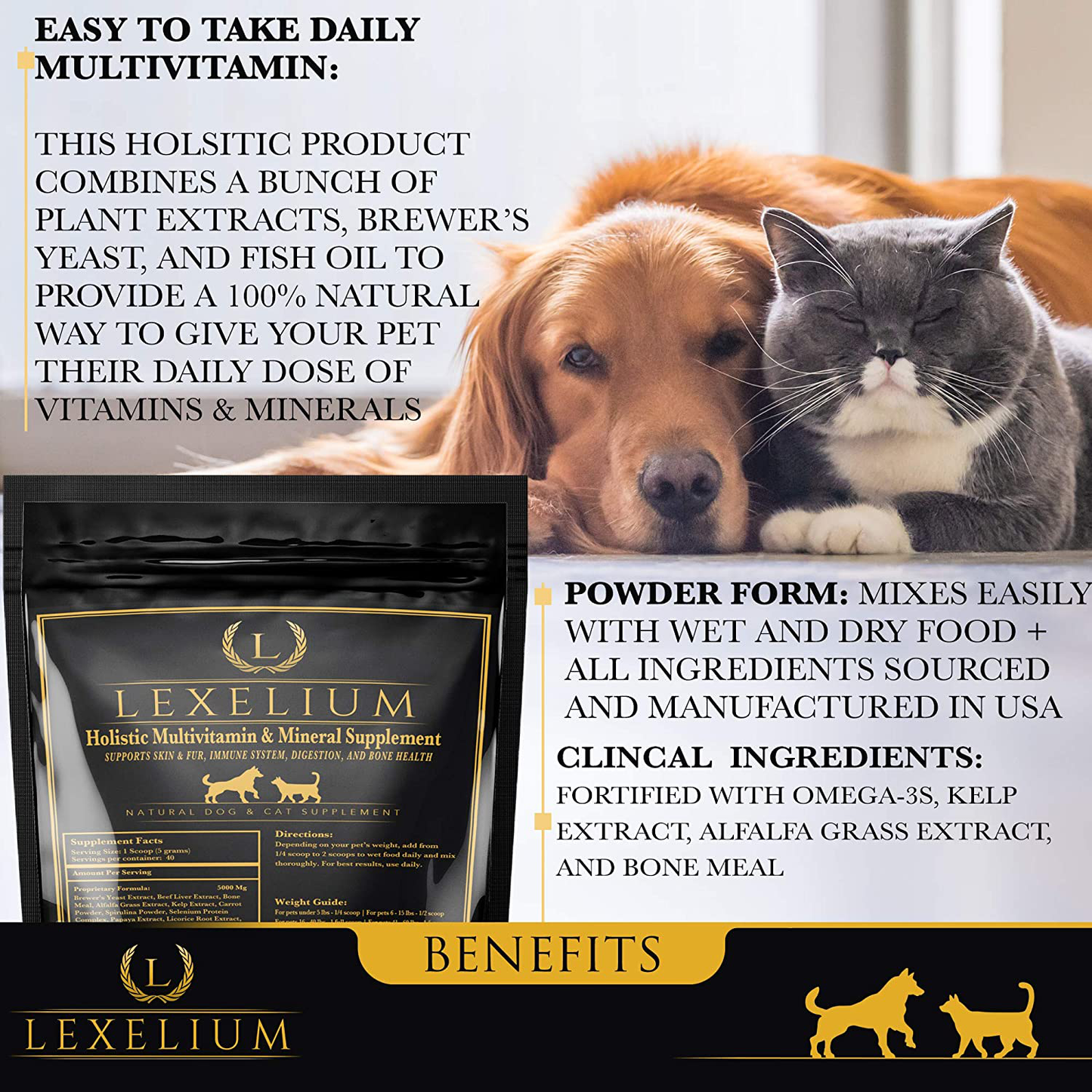Holistic Multivitamin Supplement for Dogs and Cats | Complete 12-in-1 Plant-Based Vitamins & Minerals for Skin, Coat, Digestion, Bones, and Immunity | Omega-3 Fish Oil, Vitamin Mineral Complex | 200G