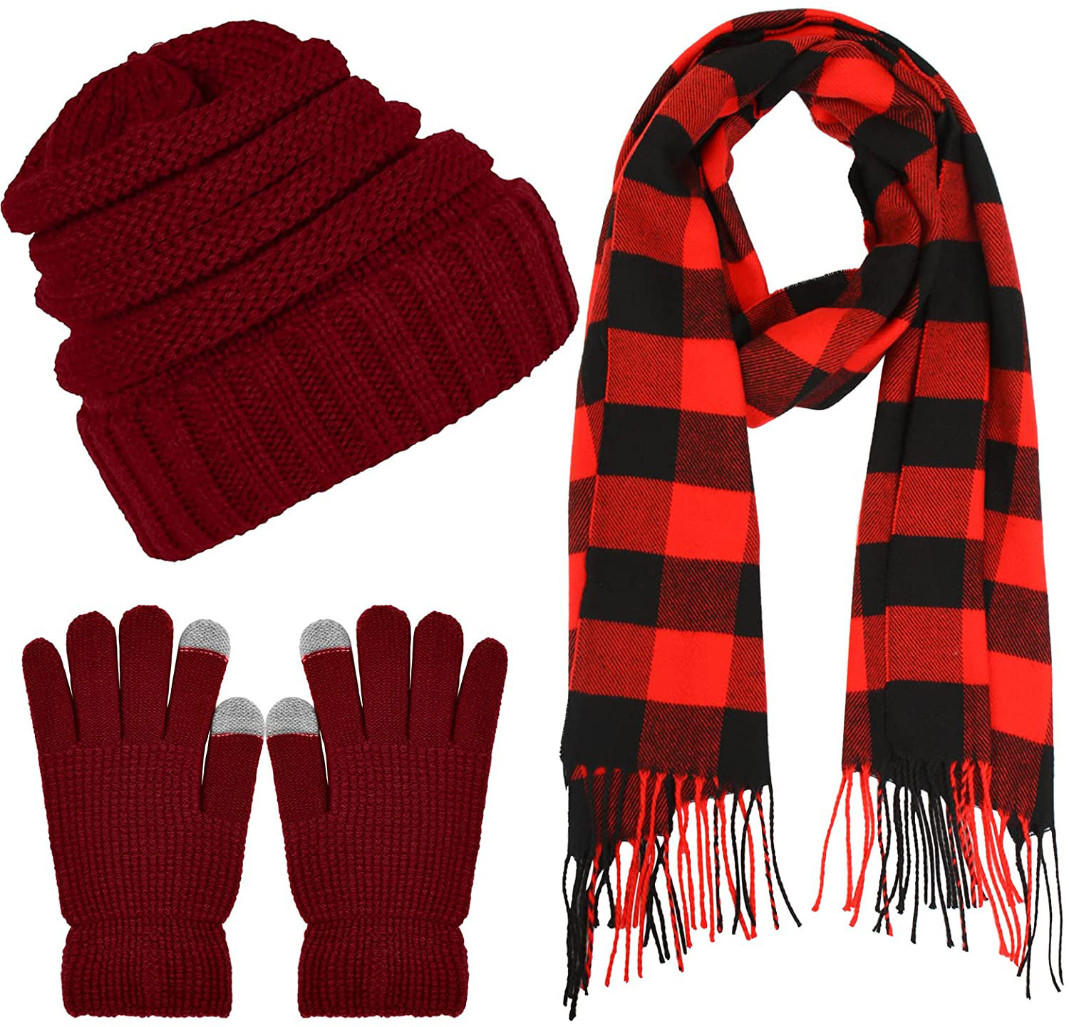 Aneco Winter Warm Knitted Scarf Beanie Hat and Gloves Set Men & Women's Soft Stretch Hat Scarf and Mitten Set