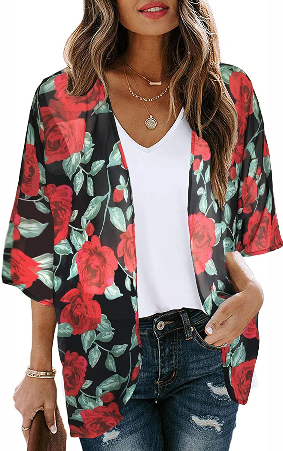 Women's Floral Print Puff Sleeve Kimono Cardigan Loose Cover Up Casual Blouse Tops