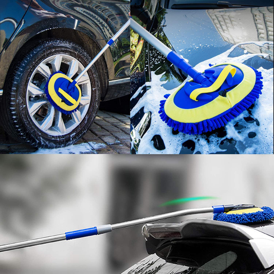 SPWOLFRT Car Wash Brush, Car Cleaning Mop with Adjustable Long Handle, Chenille Microfiber Car Wash Mitt Mop, Glass Scrabber 3 in 1 Vehicle Cleaner Kit (Blue)