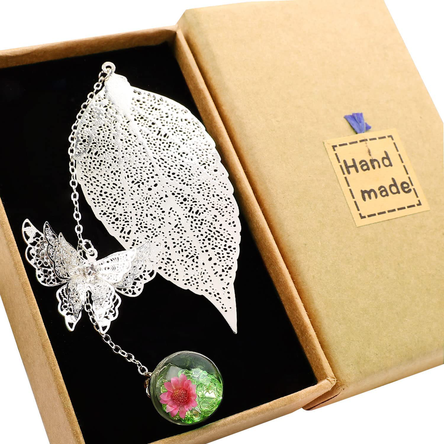 Metal Leaf Bookmark with 3D Butterfly Pendant
