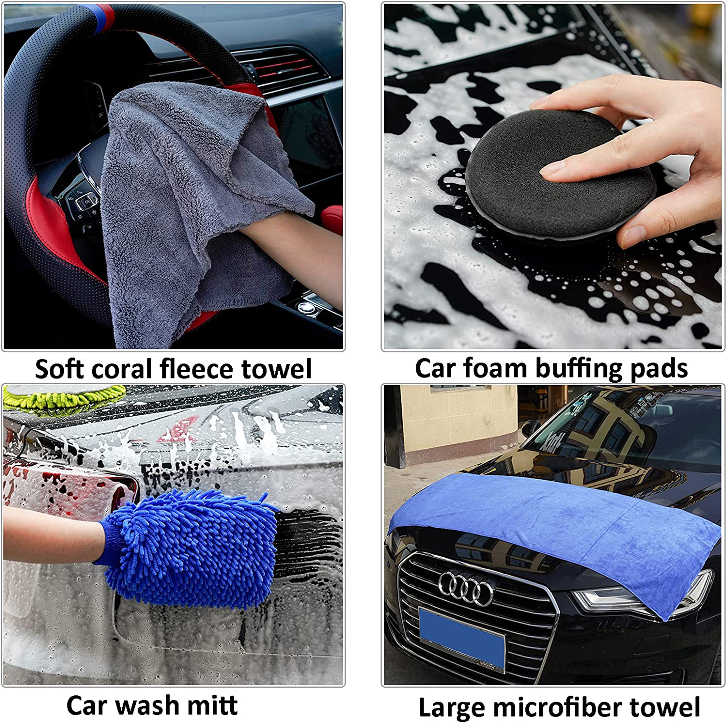 FORCAR 15pcs Car Cleaning Kit, Car Wash Brush Mop with 43" Long Handle, Chenille Microfiber Mitt, Extendable Long Pole Window Water Scraper for Interior and Exterior Car Detailing Kit