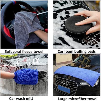 FORCAR 15pcs Car Cleaning Kit, Car Wash Brush Mop with 43" Long Handle, Chenille Microfiber Mitt, Extendable Long Pole Window Water Scraper for Interior and Exterior Car Detailing Kit