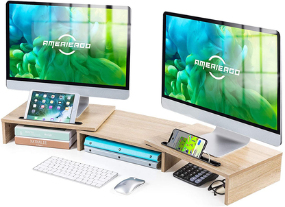 AMERIERGO Dual Monitor Stand Riser- 3 Shelf Screen Stand with Adjustable Length and Angle, 2 Extra Functional Slot Desktop Organizer Stand for PC, Computer, Laptop (Black)