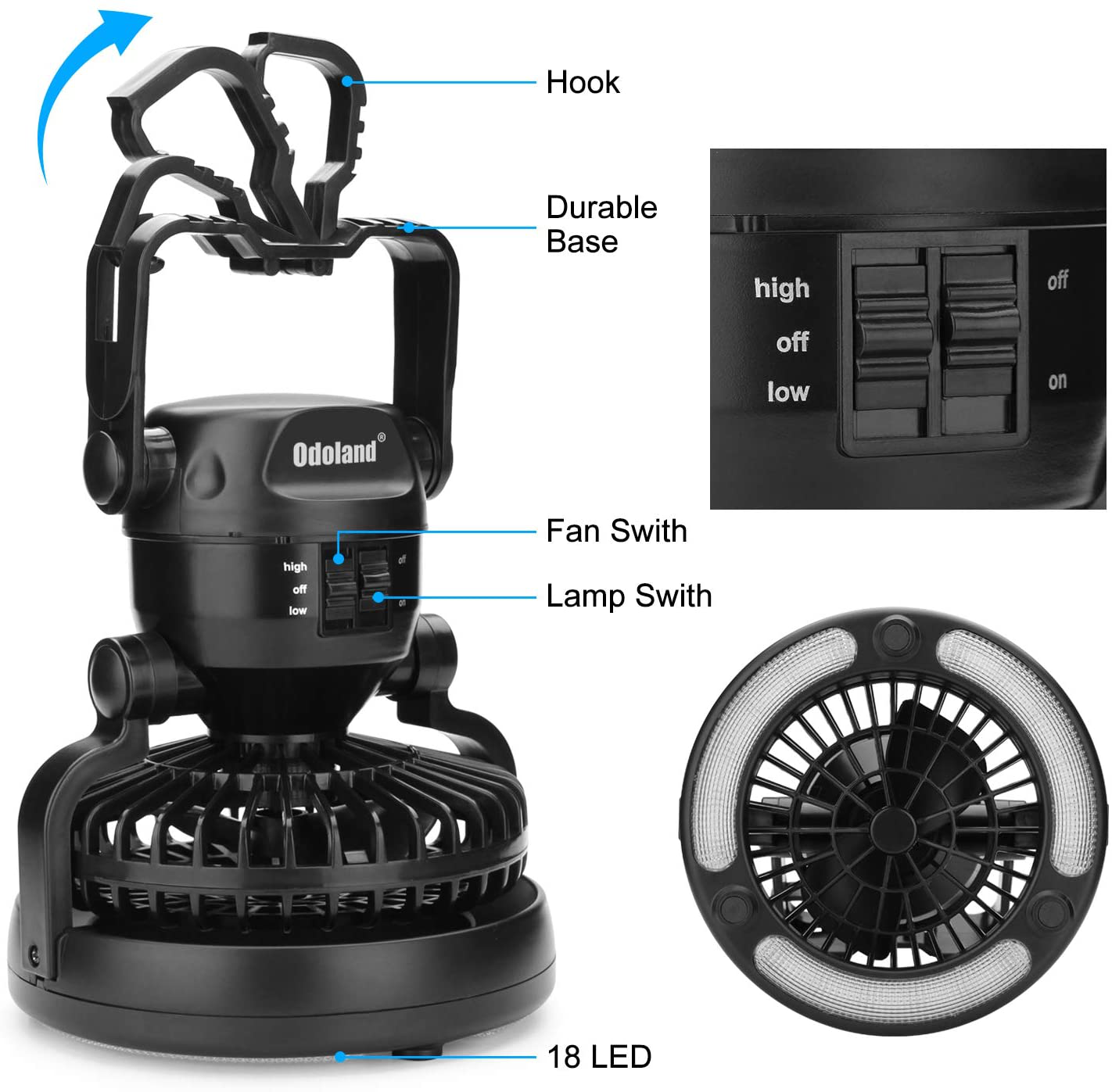 Odoland Portable LED Camping Lantern with Ceiling Fan - Hurricane Emergency Survival Kit