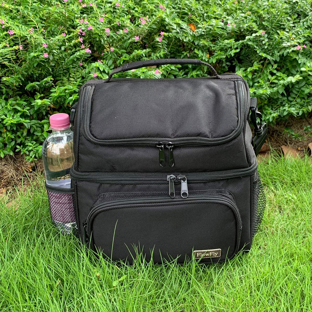 FlowFly Double Layer Cooler Insulated Lunch Bag Adult Lunch Box Large Tote Bag for Men, Women, With Adjustable Strap,Front Pocket and Dual Large Mesh Side Pockets,Pink