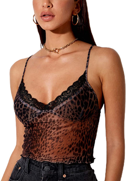 Women Y2K Cropped Tank Tops Sexy V Neck Spaghetti Strap Crop Top Lace Cami Shirt Sleeveless Patchwork Camisole