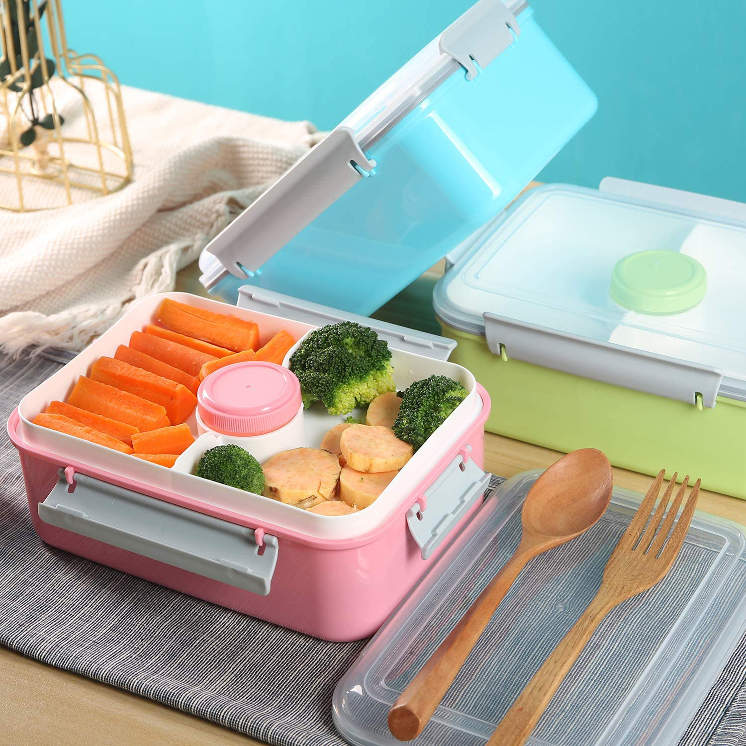 Shopwithgreen Set of 3 Salad Food Storage Container To Go, 47-oz Bento Box with Removable Tray & Dressing Pots, for Lunch, Snacks, School & Travel - Food Prep Storage Containers with Lids