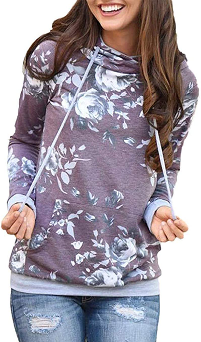 Barlver Women's Casual Hoodies Long Sleeve Sweatshirts Cowl Neck Drawstring Hooded Pullover Top with Pockets