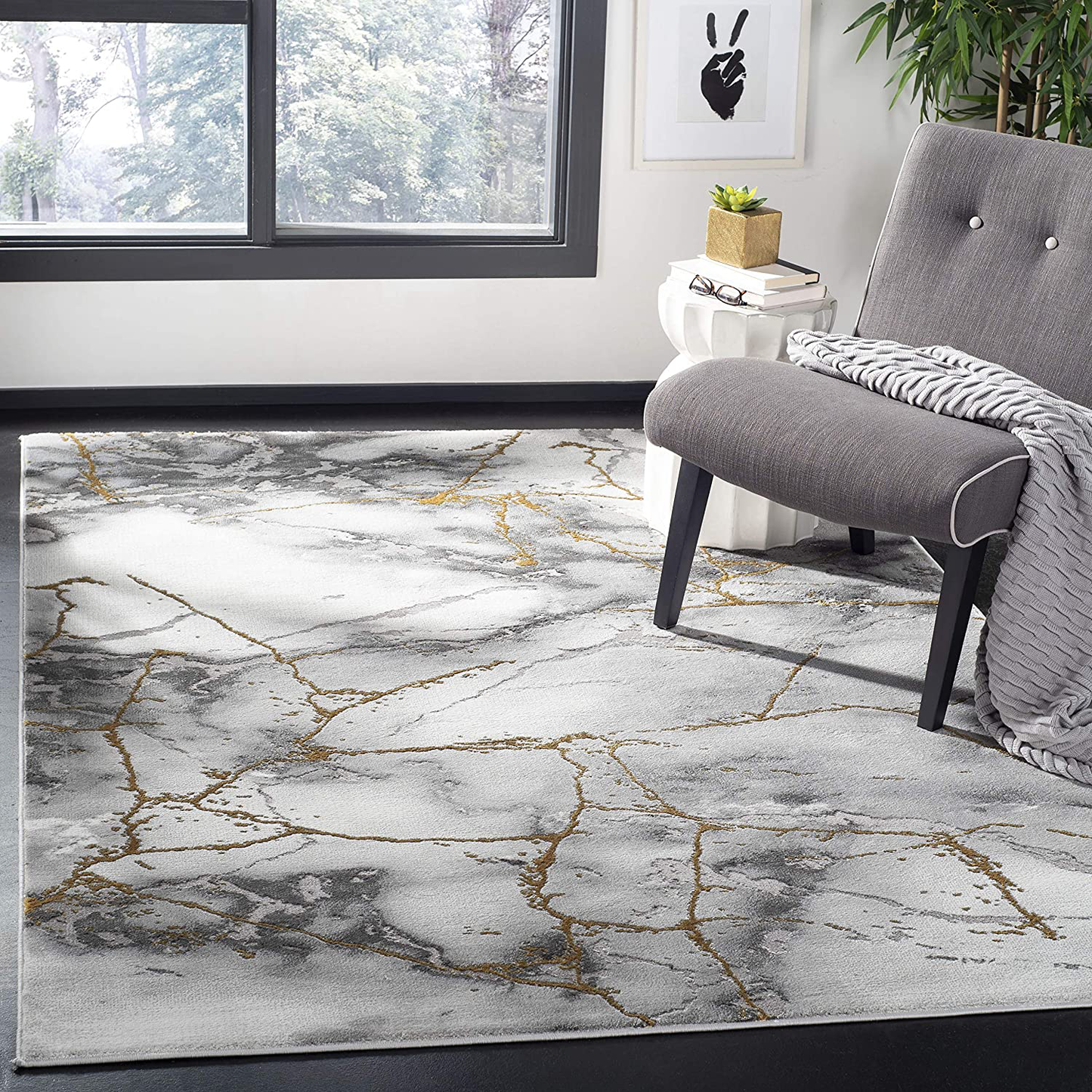 Safavieh Craft Collection CFT877F Modern Abstract Non-Shedding Living Room Bedroom Accent Area Rug, 4' x 6', Grey / Gold