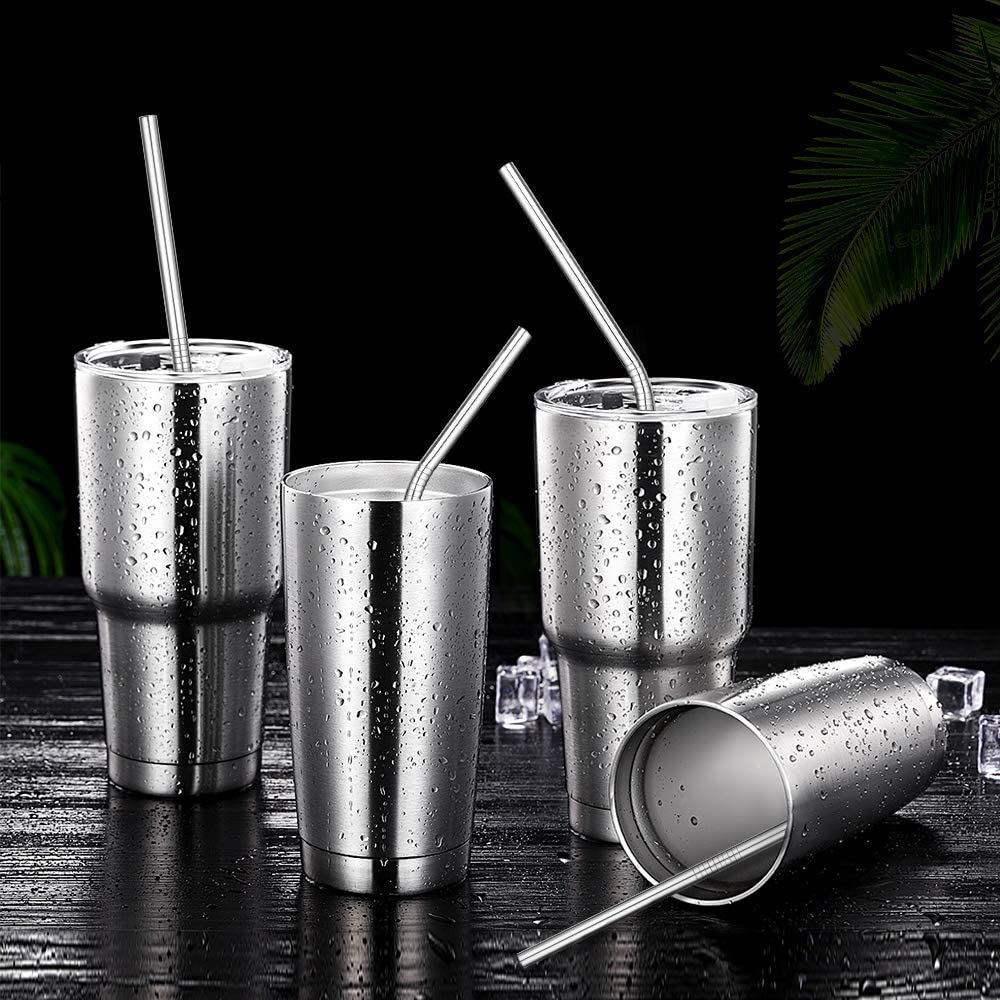 Hiware 12-Pack Rose Gold Metal Straws Reusable with Case - Stainless Steel Drinking Straws for 30oz and 20oz Tumblers Yeti Dishwasher Safe, 2 Brushes Included