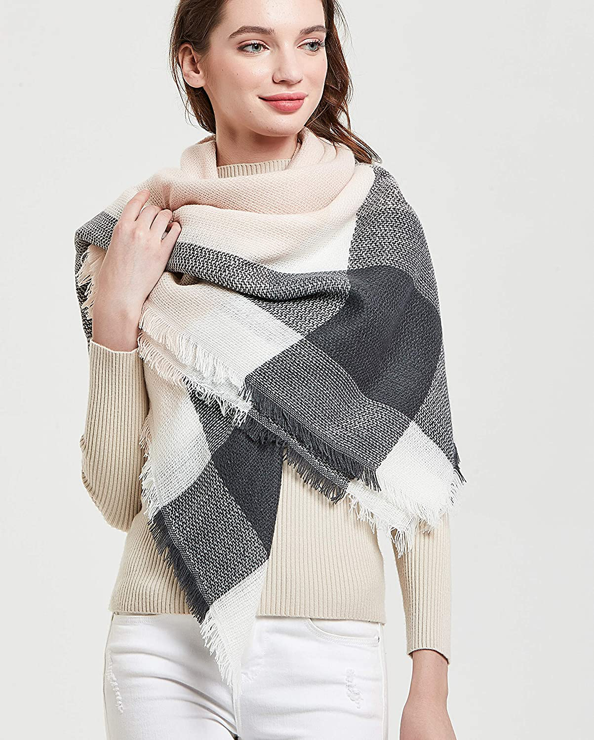 Wander Agio Womens Warm Scarf Square Winter Shawls Large Infinity Scarves Stripe Plaid Scarf