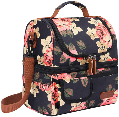 LOKASS Lunch Bags for Women Double Deck Insulated Lunch Box Large Cooler Tote Bag with Removable Shoulder Strap Wide Open Thermal Meal Prep Lunch Organizer Box for Adults/Work/Outdoor, Black Peony