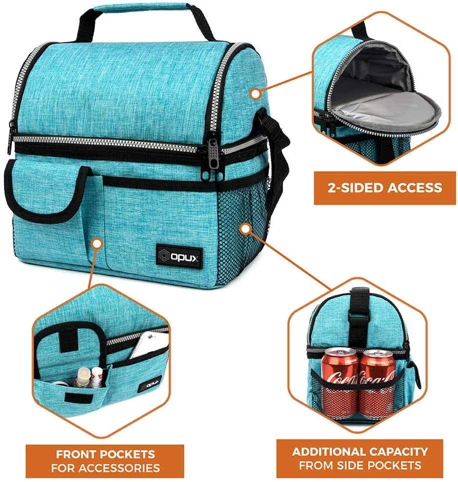 OPUX Insulated Dual Compartment Lunch Bag for Men, Women | Double Deck Reusable Lunch Pail Cooler Bag with Shoulder Strap, Soft Leakproof Liner | Large Lunch Box Tote for Work, School (Green)