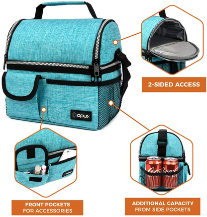OPUX Insulated Dual Compartment Lunch Bag for Men, Women | Double Deck Reusable Lunch Pail Cooler Bag with Shoulder Strap, Soft Leakproof Liner | Large Lunch Box Tote for Work, School (Green)