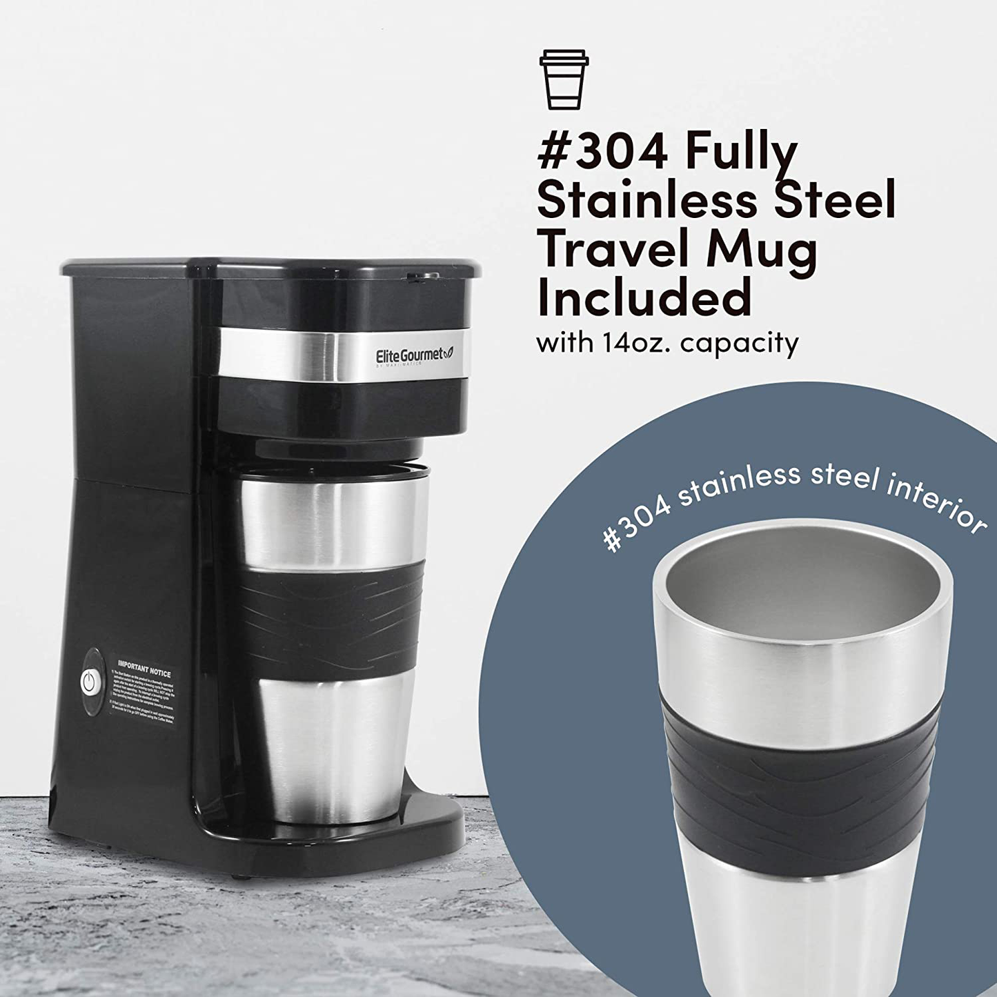 Elite Gourmet EHC111A Maxi-Matic Personal 14oz Single-Serve Compact Coffee Maker Brewer, Includes Stainless Steel Interior Thermal Travel Mug, Compatible with Coffee Grounds, Reusable Filter, Black