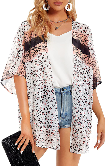 Women's Floral Print Puff Sleeve Kimono Cardigan Loose Cover Up Casual Blouse Tops