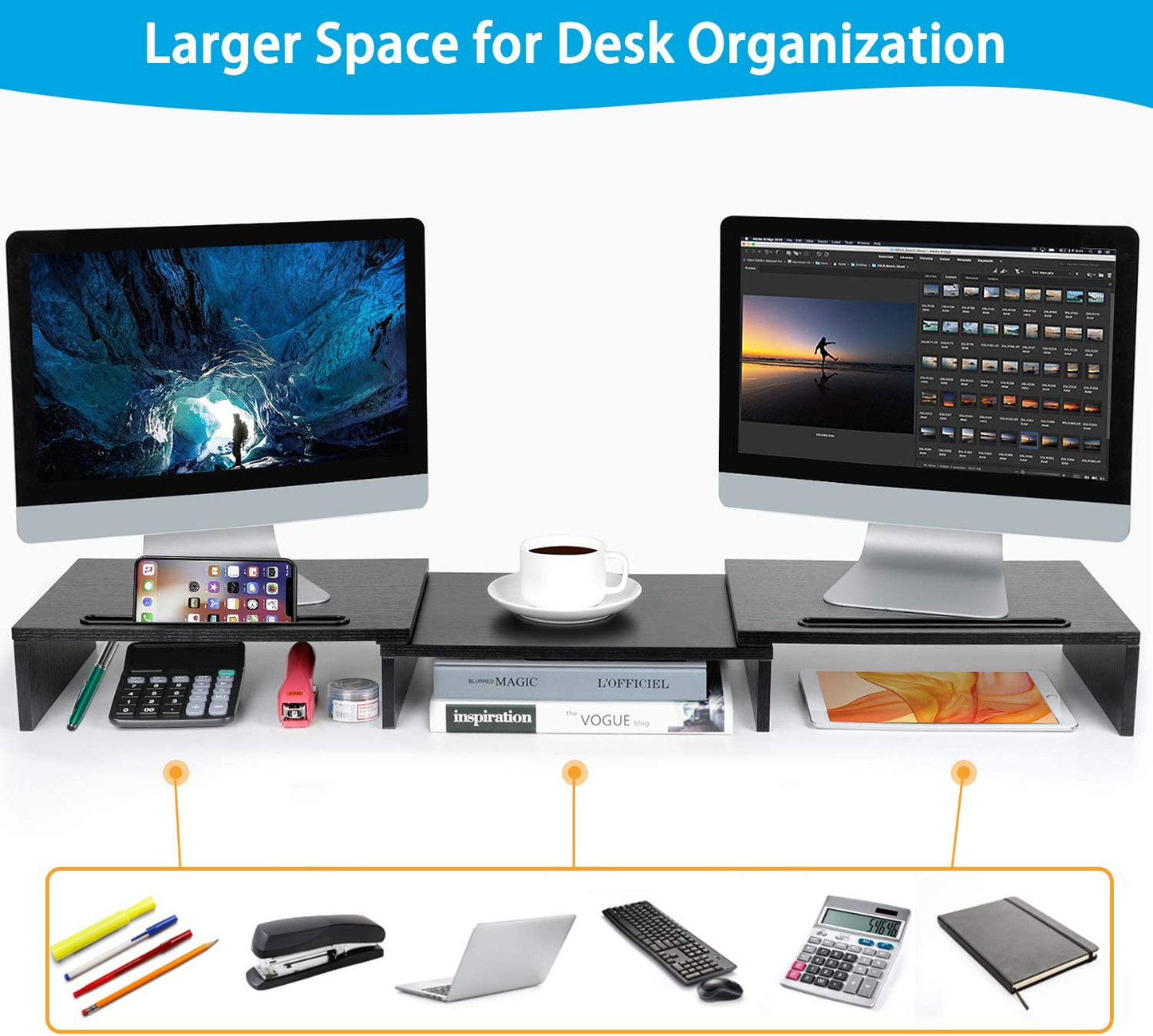 LORYERGO Dual Monitor Stand - Monitor Stand Riser, Adjustable Computer Stand, w/Slot for Tablet & Cellphone，Screen Stand w/Big Storage, Double Monitor Riser for PC, Computer, Laptop