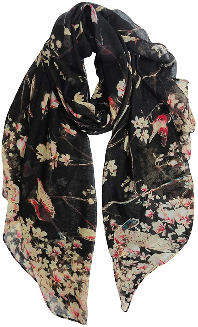 GERINLY Scarfs for Women Lightweight Floral Birds Print Cotton Scarves and Wraps for Holiday
