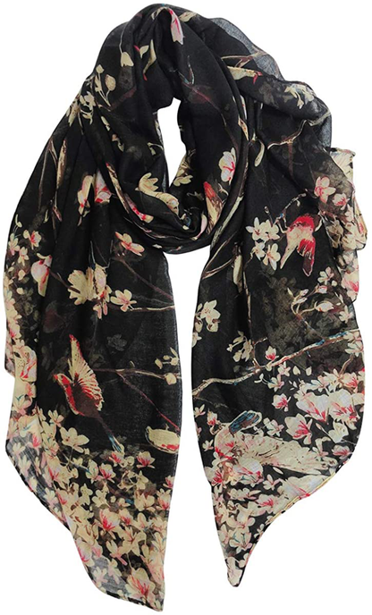 GERINLY Scarfs for Women Lightweight Floral Birds Print Cotton Scarves and Wraps for Holiday