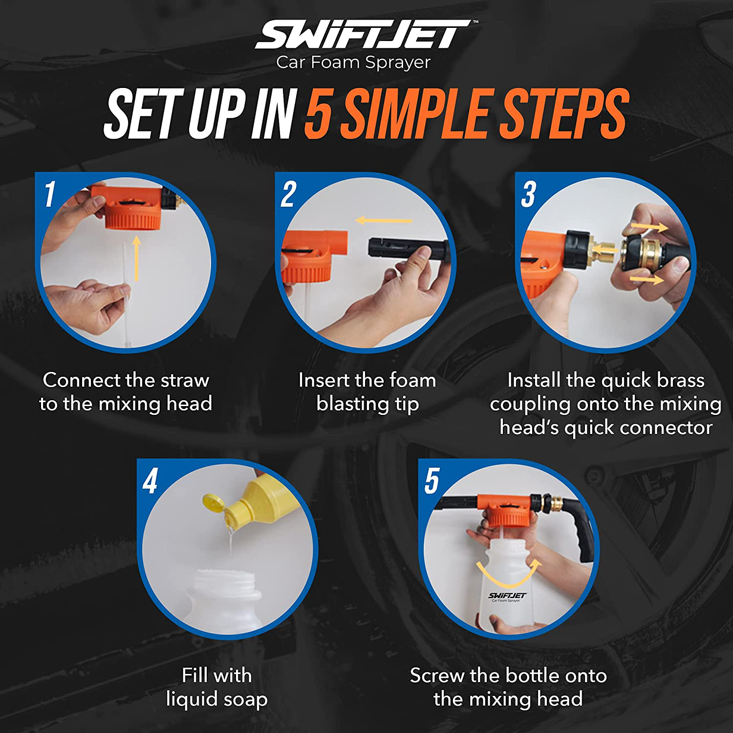 SwiftJet Car Wash Foam Gun Sprayer with Microfiber Wash Mit - Adjustable Water Pressure & Soap Ratio Dial - Foam Cannon Attaches to Any Garden Hose (Foam Sprayer with Wash Mit)