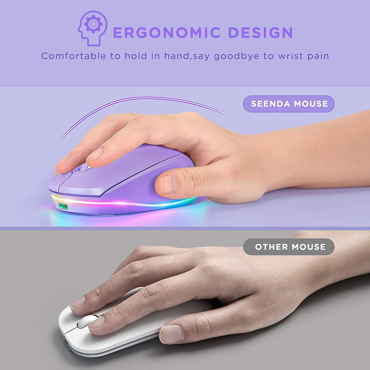 seenda Wireless Mouse, Ultra Silent LED Cordless Mouse with USB Receiver and 3 Adjustable DPI for Kids Laptop Computer Chromebook(Purple)