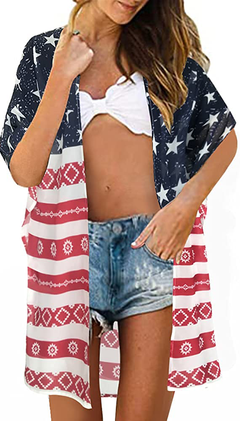 Women's Floral Print Puff Sleeve Kimono Cardigan Loose Cover Up Casual Blouse Tops