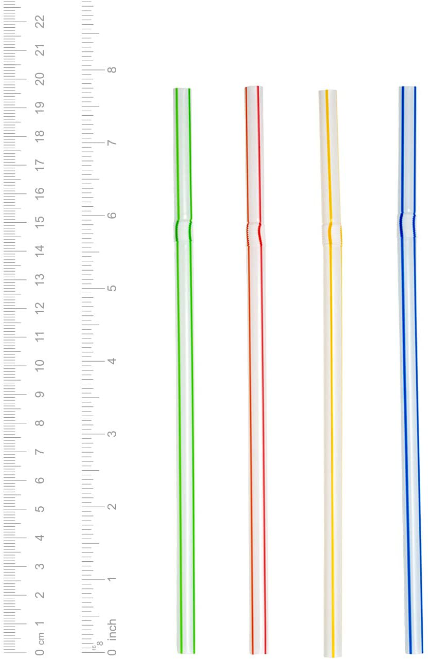 [200 Pack] Flexible Disposable Plastic Drinking Straws - 7.75" High - Assorted Colors Striped