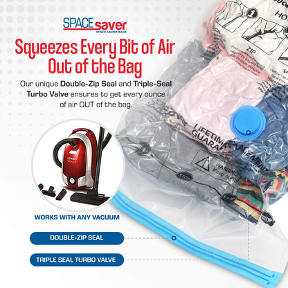 Spacesaver Premium Vacuum Storage Bags. 80% More Storage! Hand-Pump for Travel! Double-Zip Seal and Triple Seal Turbo-Valve for Max Space Saving! (Jumbo 6 Pack)
