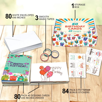 80 Pack Assorted Birthday Cards with 80 Blank Envelopes, 84 Stickers & 3 Washi Tape Rolls