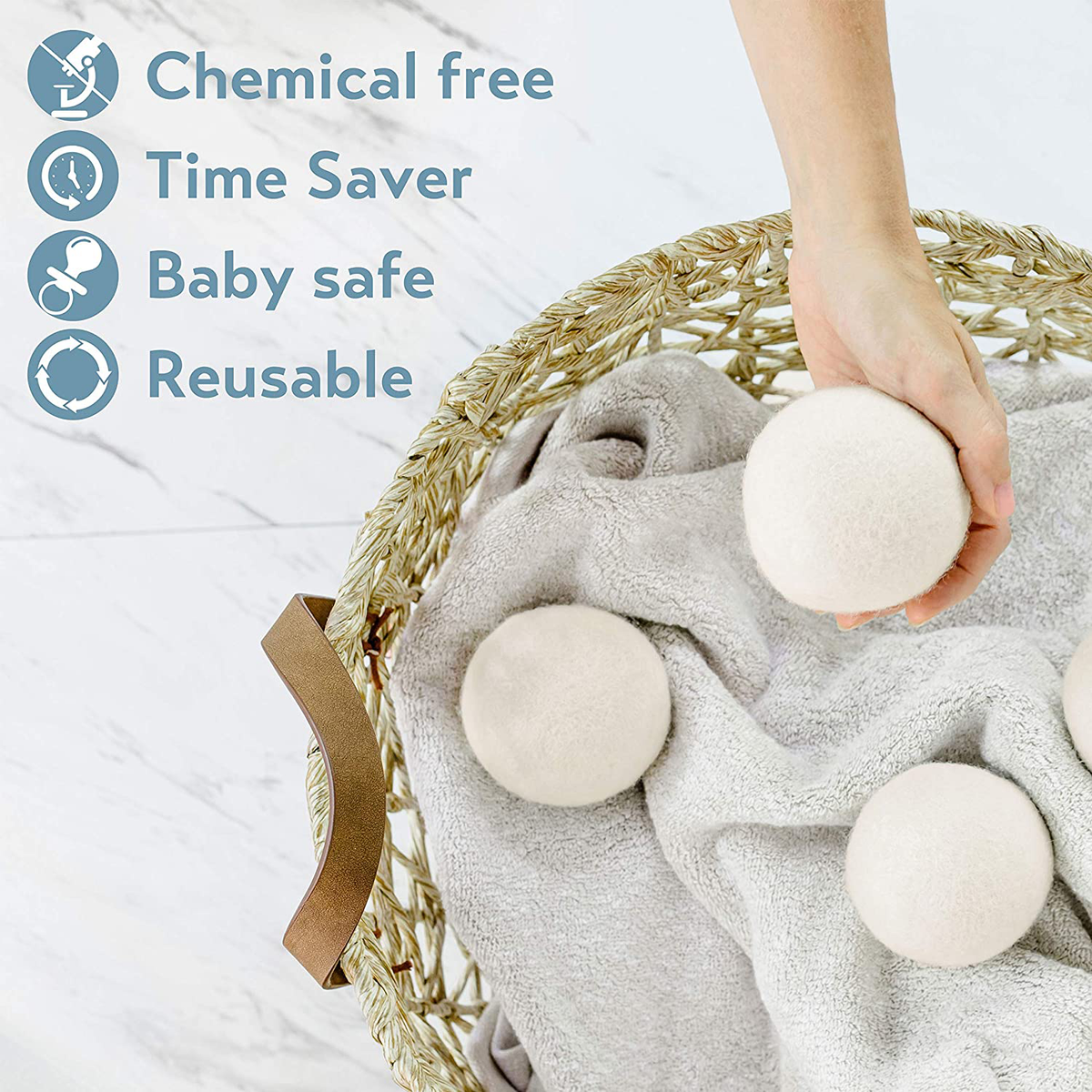 Wool Dryer Balls 6-Pack, XL Size, 100% Organic New Zealand Wool, Reusable and Handmade. Natural Fabric Softener, Reduce Wrinkles and Decrease Drying Time (White)