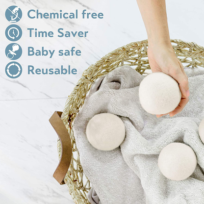 Wool Dryer Balls 6-Pack, XL Size, 100% Organic New Zealand Wool, Reusable and Handmade. Natural Fabric Softener, Reduce Wrinkles and Decrease Drying Time (White)
