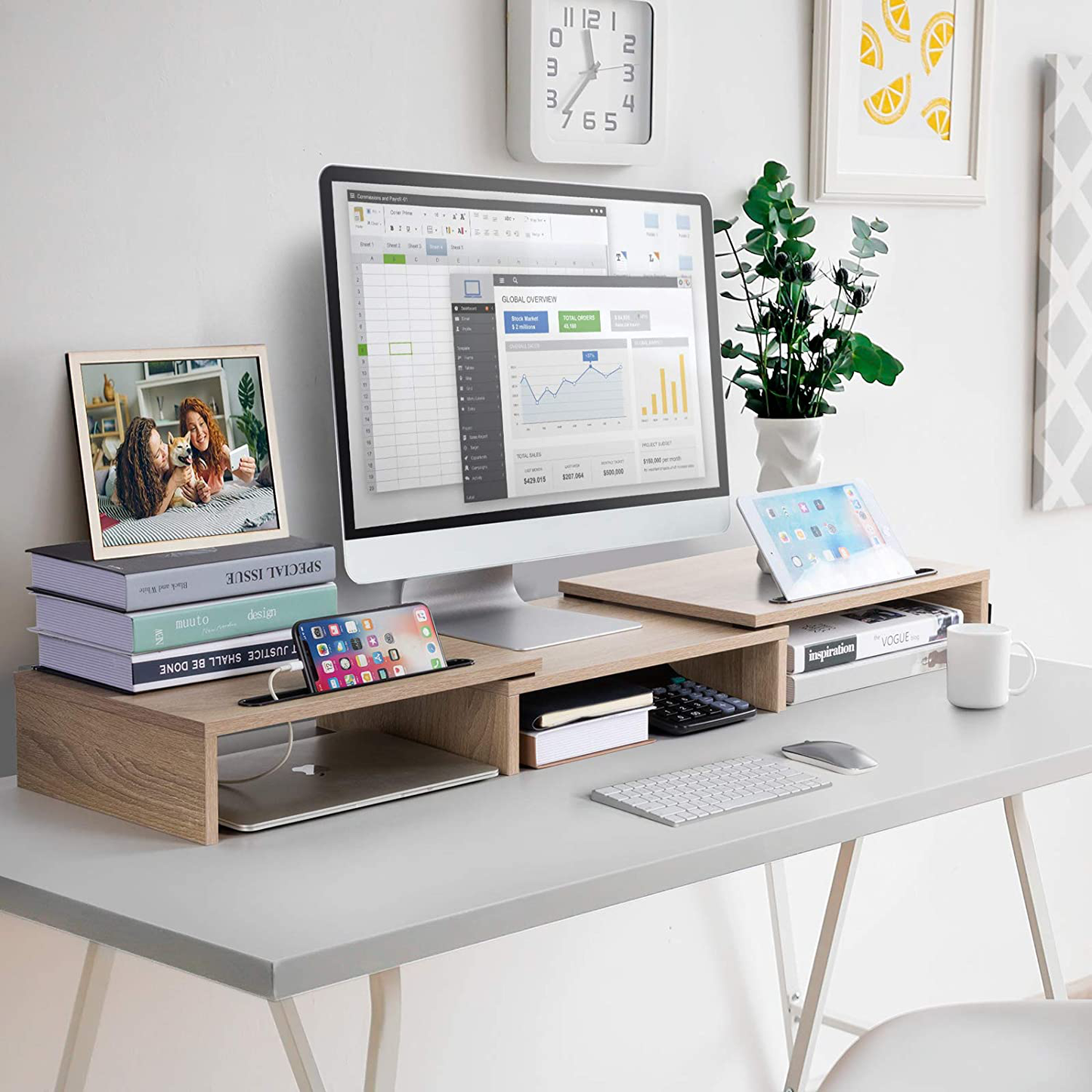 AMERIERGO Dual Monitor Stand Riser- 3 Shelf Screen Stand with Adjustable Length and Angle, 2 Extra Functional Slot Desktop Organizer Stand for PC, Computer, Laptop (Light Wood)