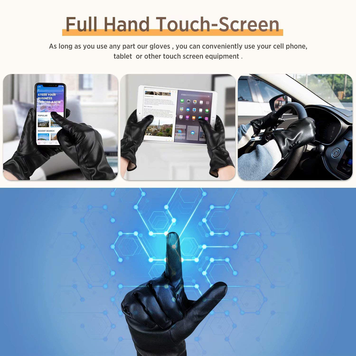 Winter Faux Leather Gloves Warm Thermal Touchscreen With Wool Lining