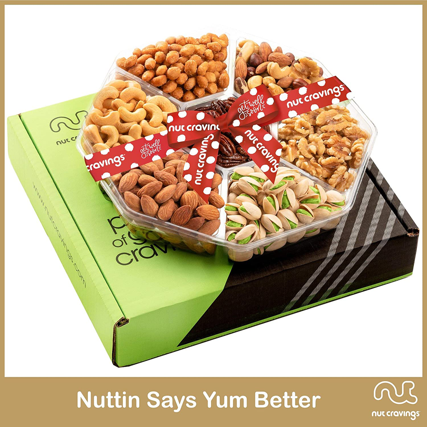 Get Well Soon Gift Basket, Nut Arrangement Platter + Red Ribbon (7 Piece Assortment) Feel Better After Surgery Recovery Care Package Variety, Healthy Food Kosher Snack Box for Women, Men, Adults