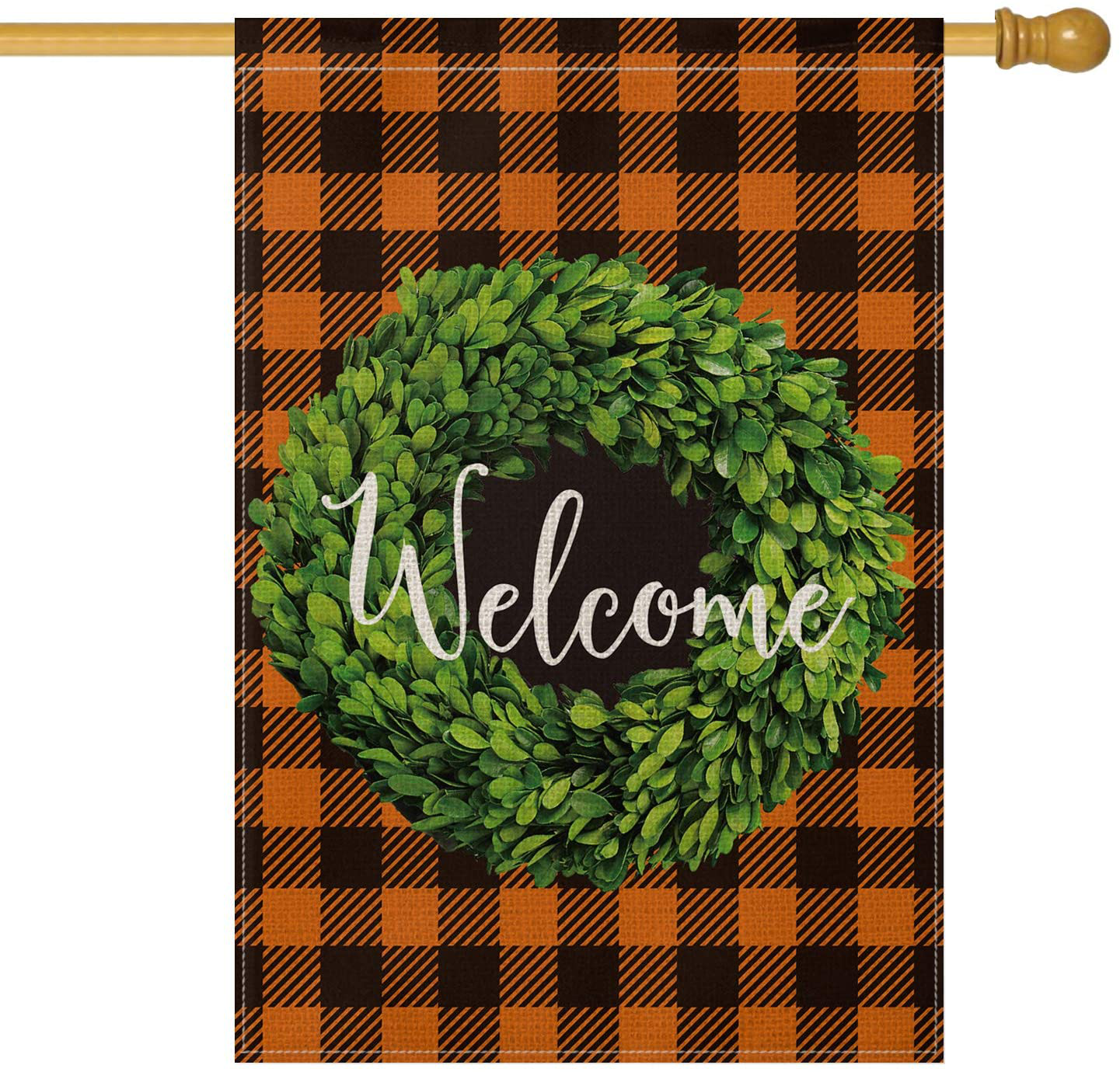 AVOIN Fall Boxwood Wreath Welcome Garden Flag Vertical Double Sided, Buffalo Check Plaid Rustic Farmhouse Flag Yard Outdoor Decoration 12.5 x 18 Inch