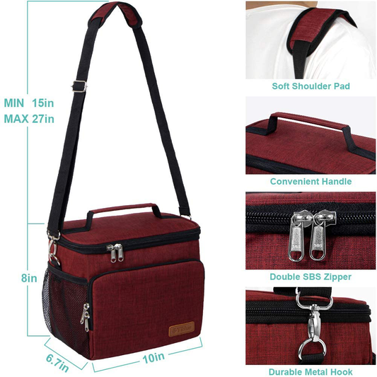 Insulated Lunch Bag for Women/Men - Reusable Lunch Box for Office Work School Picnic Beach - Leakproof Cooler Tote Bag Freezable Lunch Bag with Adjustable Shoulder Strap for Kids/Adult - Burgundy Red