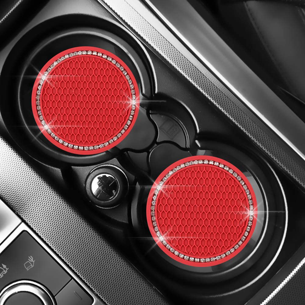 SUNACCL Bling Car Coasters PVC Travel Auto Cup Holder Insert Coaster Anti Slip Crystal Vehicle Interior Accessories Cup Mats for Women and Girl (2.75" Diameter,Pack of 2)