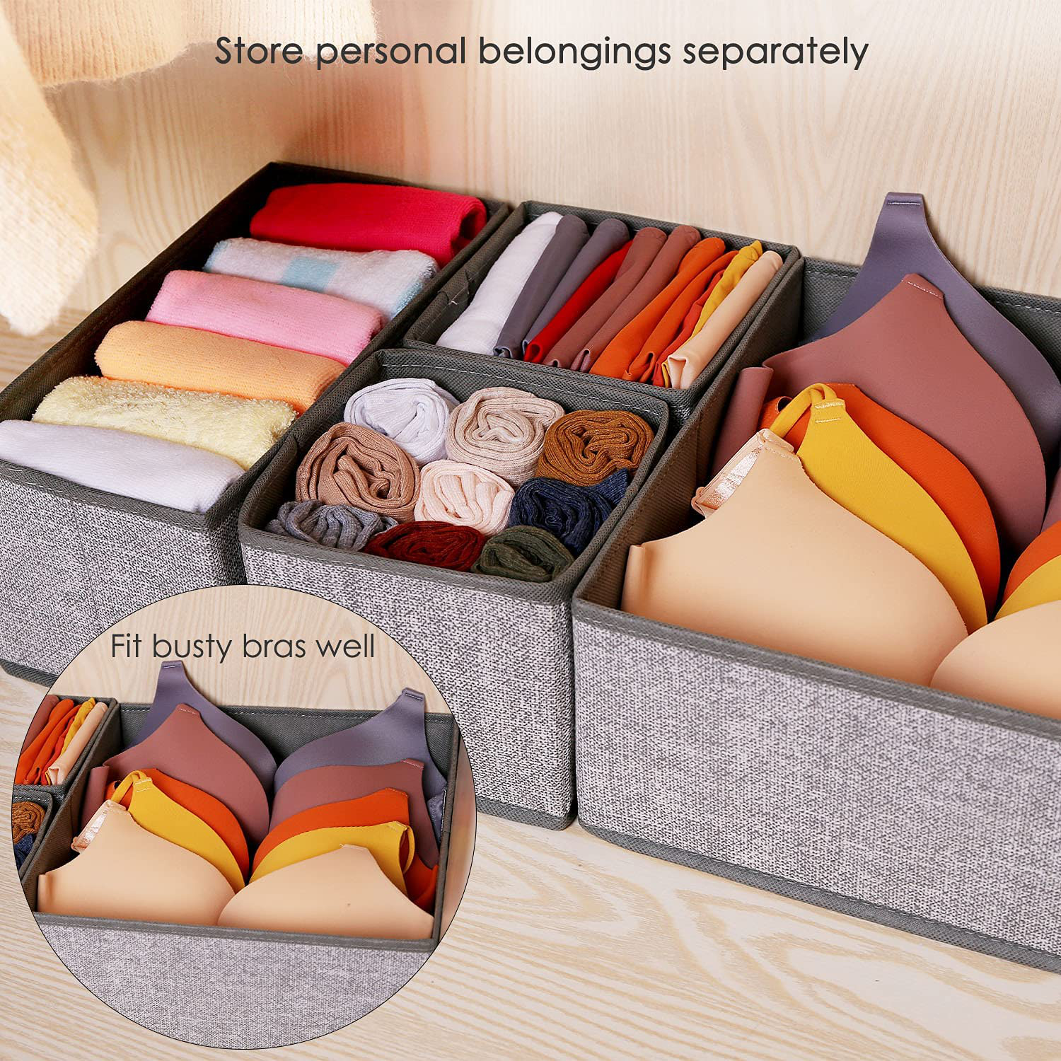 Underwear Drawer Organizer, 6 Set Foldable Underwear Drawer Organizer and Closet Dividers,Storage Box for Clothes, Socks, Underwear (6 Bins, Beige)