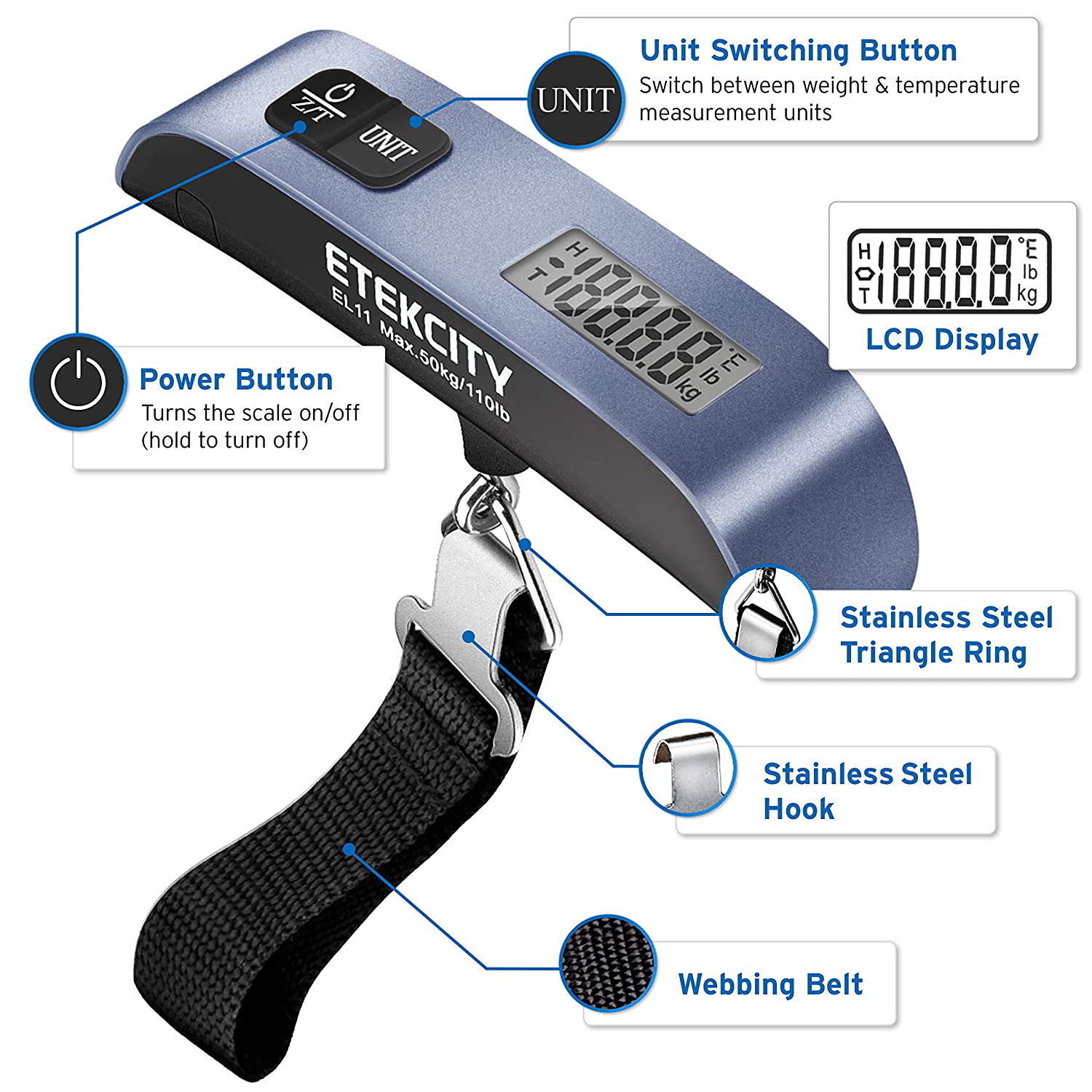 Etekcity Luggage Scale, Digital Portable Handheld Suitcase Weight for Travel with Rubber Paint, Temperature Sensor, 110 Pounds, Battery Included