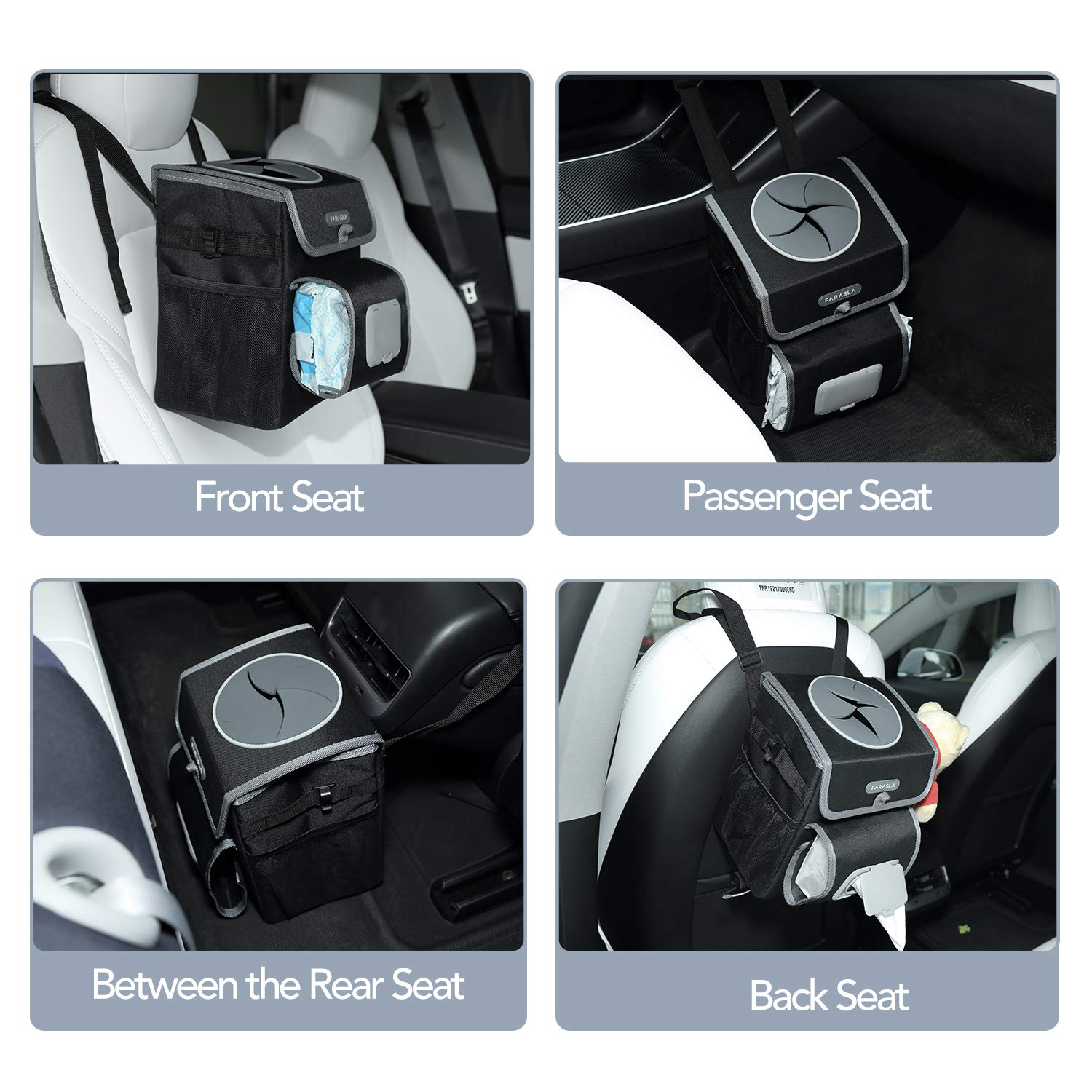 Farasla All-in-One Car Trash Can with 2 Removable Leakproof Interior Liners, Adjustable Tissue Holder & Straps